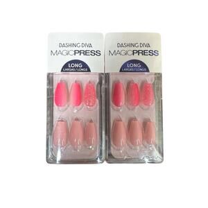 Dashing Diva Magic Press Long Nails Hot Pink Ombre Glitter Lot 2 Coffin